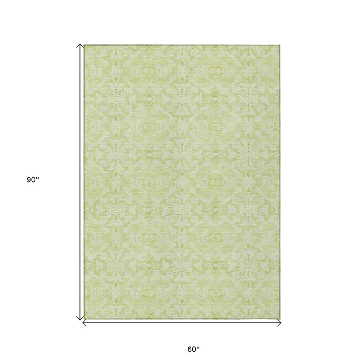 5' X 8' Artichoke Green And Green Medallion Washable Indoor Outdoor Area Rug