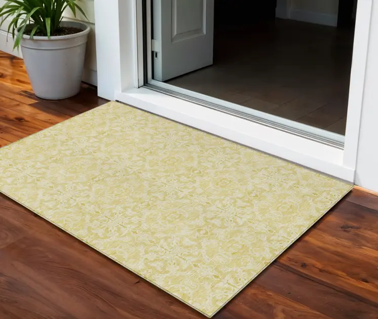 3' X 5' Gold And Ivory Medallion Washable Indoor Outdoor Area Rug