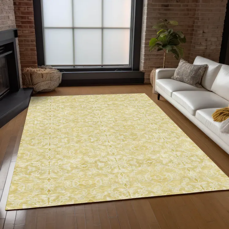 3' X 5' Gold And Ivory Medallion Washable Indoor Outdoor Area Rug