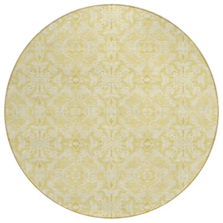 8' Gold And Ivory Round Medallion Washable Indoor Outdoor Area Rug