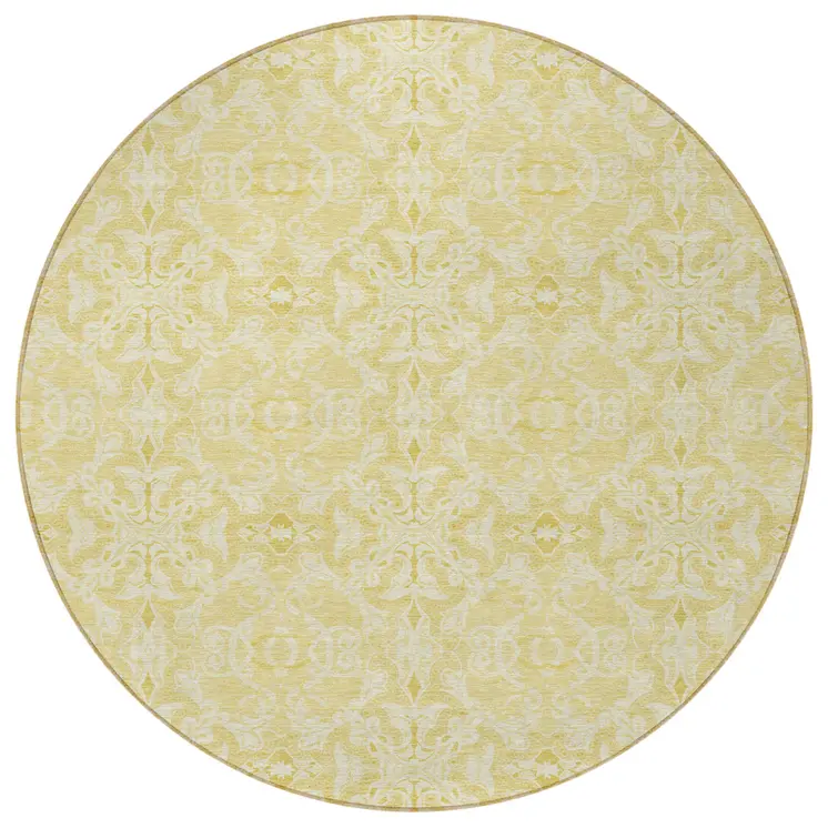 8' Gold And Ivory Round Medallion Washable Indoor Outdoor Area Rug