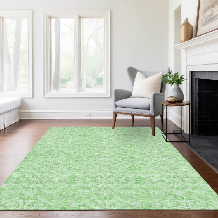 5' X 8' Lime Green And Green Medallion Washable Indoor Outdoor Area Rug