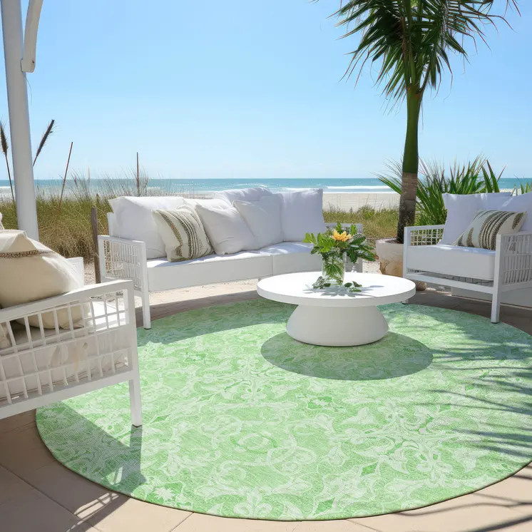 8' Lime Green And Green Round Medallion Washable Indoor Outdoor Area Rug