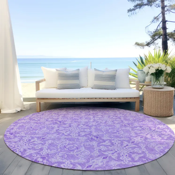 8' Lavender Round Medallion Washable Indoor Outdoor Area Rug