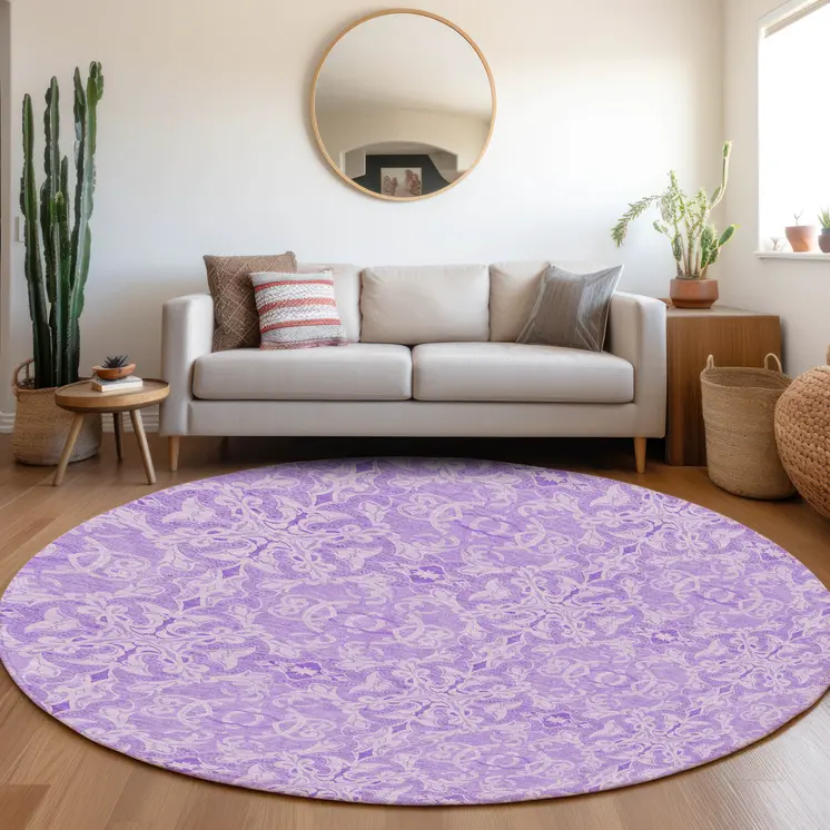 8' Lavender Round Medallion Washable Indoor Outdoor Area Rug