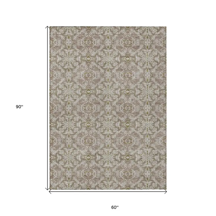 5' X 8' Brown Beige And Taupe Medallion Washable Indoor Outdoor Area Rug