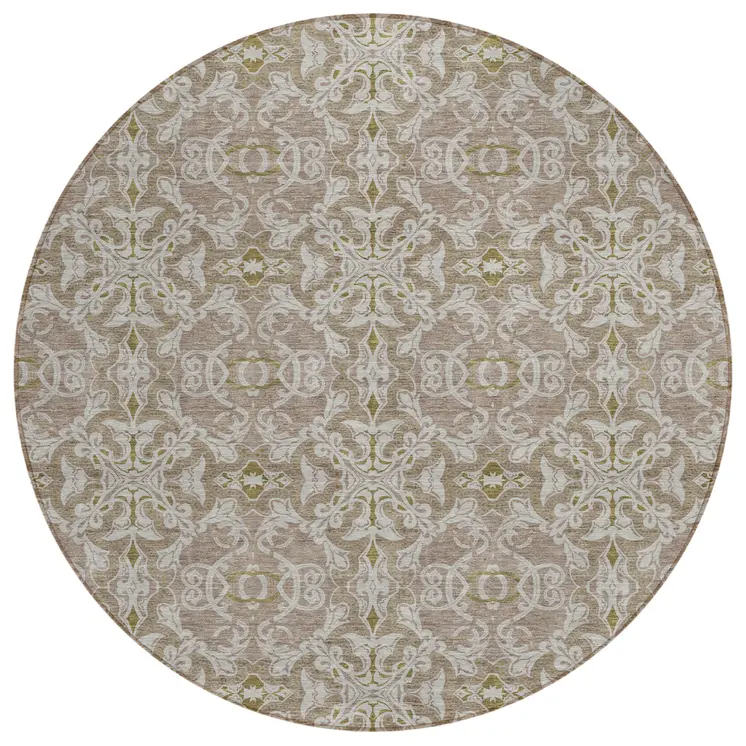 8' Brown Beige And Taupe Round Medallion Washable Indoor Outdoor Area Rug