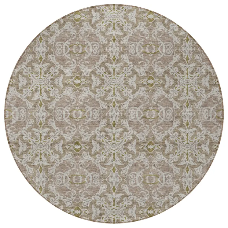 8' Brown Beige And Taupe Round Medallion Washable Indoor Outdoor Area Rug