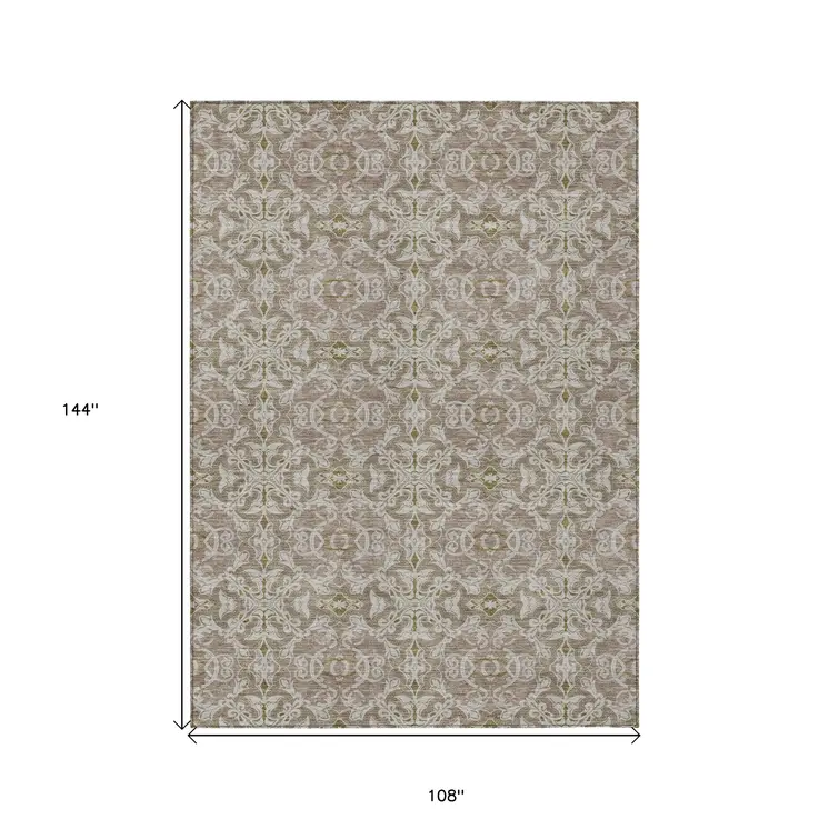 9' X 12' Brown Beige And Taupe Medallion Washable Indoor Outdoor Area Rug