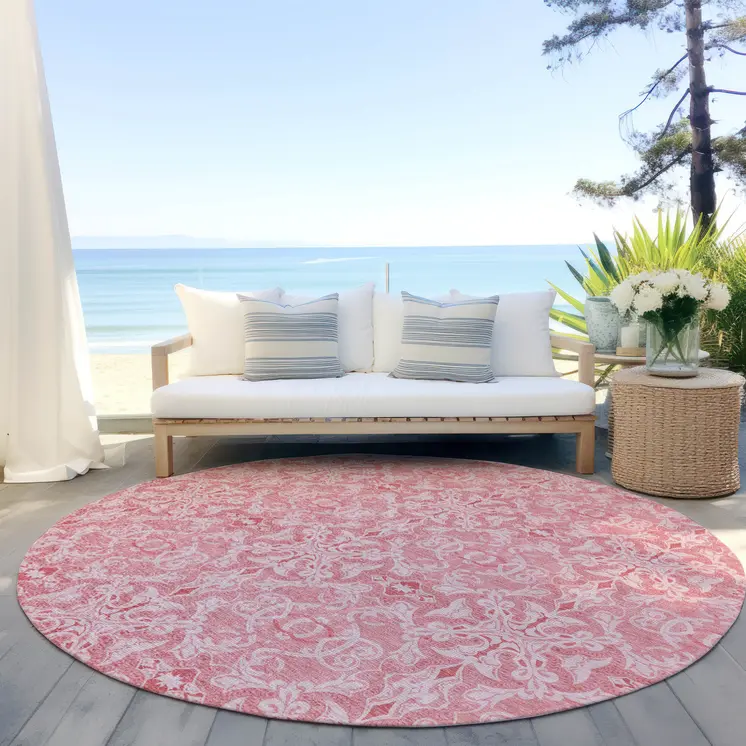 8' Pink And Blush Round Medallion Washable Indoor Outdoor Area Rug