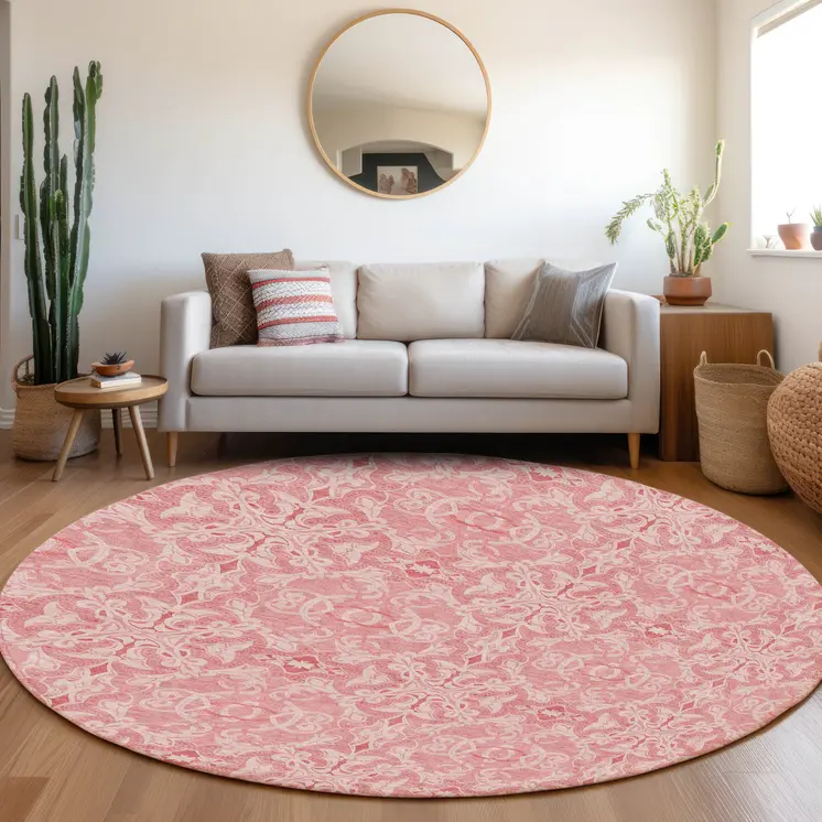 8' Pink And Blush Round Medallion Washable Indoor Outdoor Area Rug