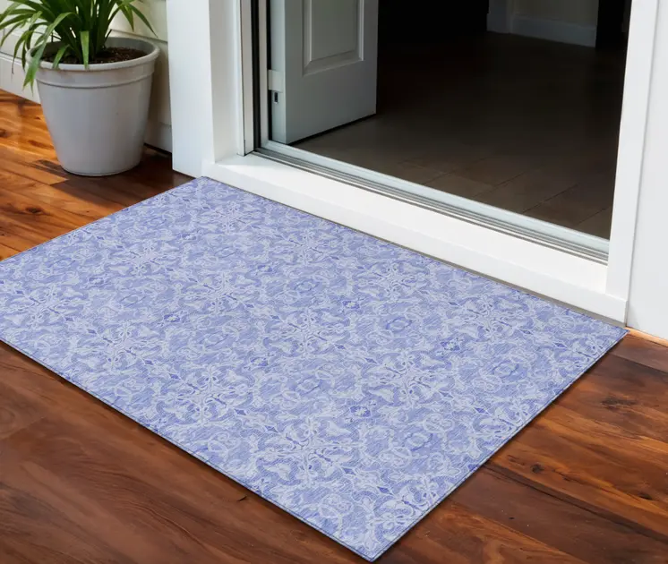 3' X 5' Sky Blue And Denim Blue Medallion Washable Indoor Outdoor Area Rug