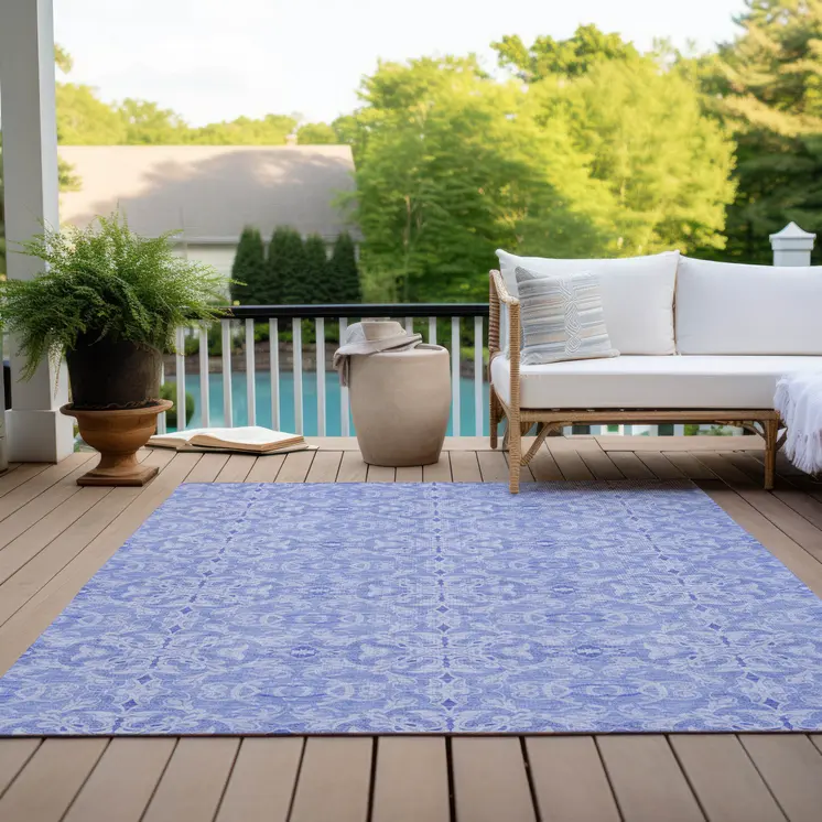 3' X 5' Sky Blue And Denim Blue Medallion Washable Indoor Outdoor Area Rug