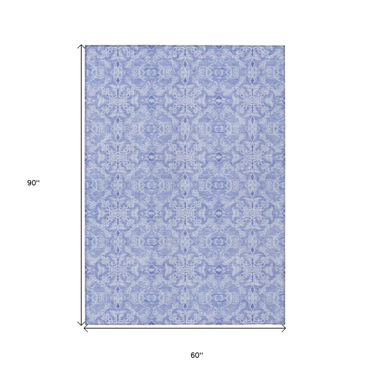 5' X 8' Sky Blue And Denim Blue Medallion Washable Indoor Outdoor Area Rug