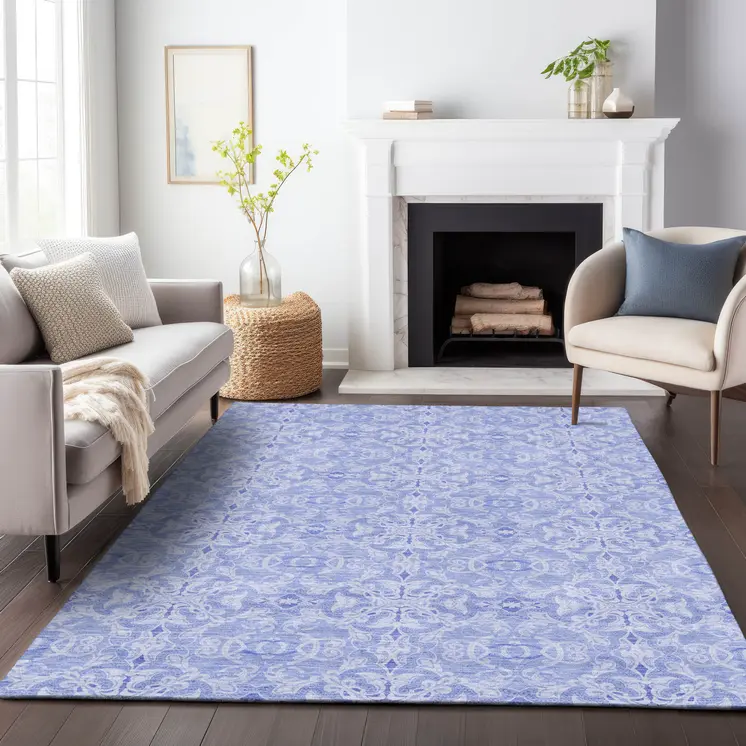 5' X 8' Sky Blue And Denim Blue Medallion Washable Indoor Outdoor Area Rug