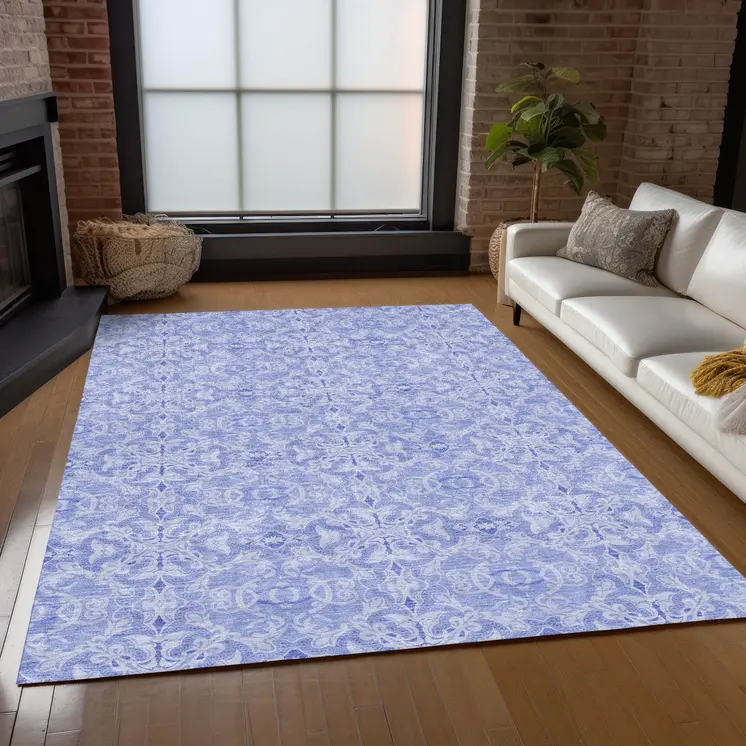 5' X 8' Sky Blue And Denim Blue Medallion Washable Indoor Outdoor Area Rug