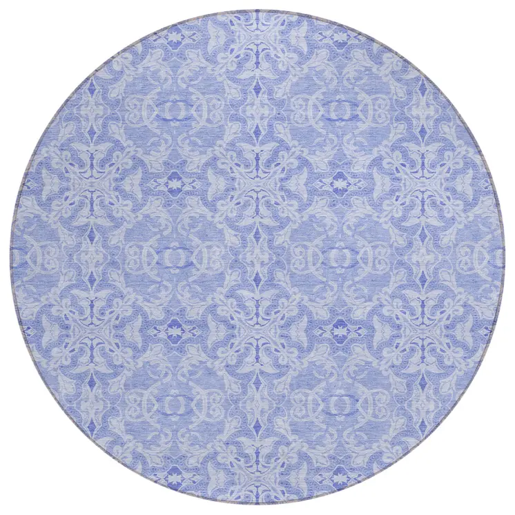 8' Sky Blue And Denim Blue Round Medallion Washable Indoor Outdoor Area Rug