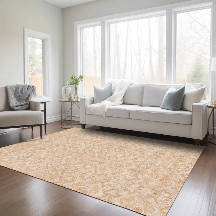 3' X 5' Salmon And Beige Medallion Washable Indoor Outdoor Area Rug