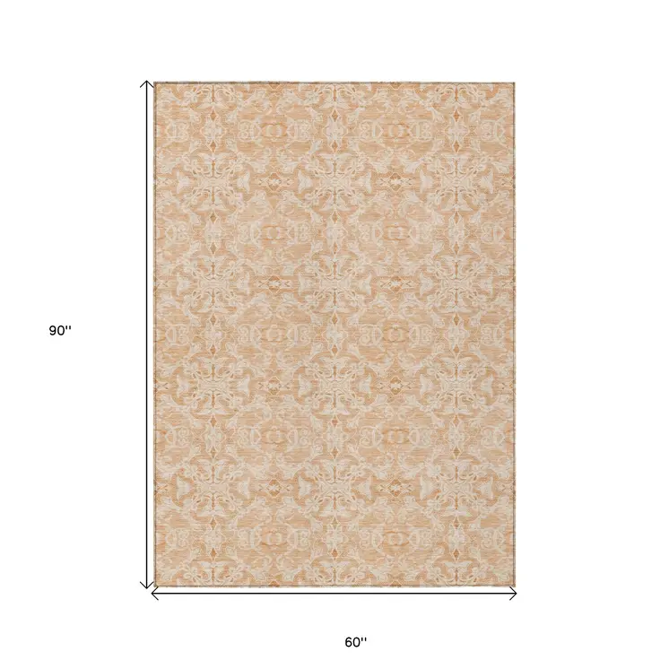 5' X 8' Salmon And Beige Medallion Washable Indoor Outdoor Area Rug