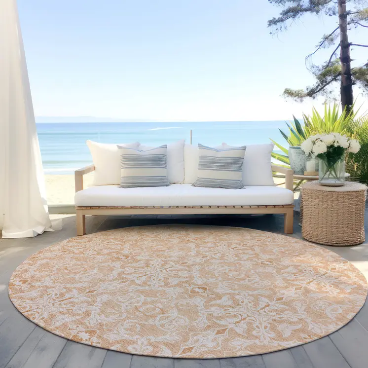 8' Salmon And Beige Round Medallion Washable Indoor Outdoor Area Rug
