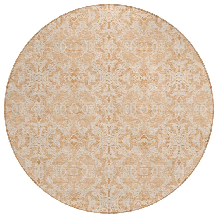 8' Salmon And Beige Round Medallion Washable Indoor Outdoor Area Rug