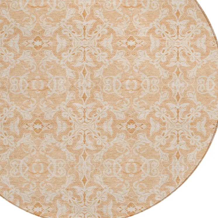 8' Salmon And Beige Round Medallion Washable Indoor Outdoor Area Rug