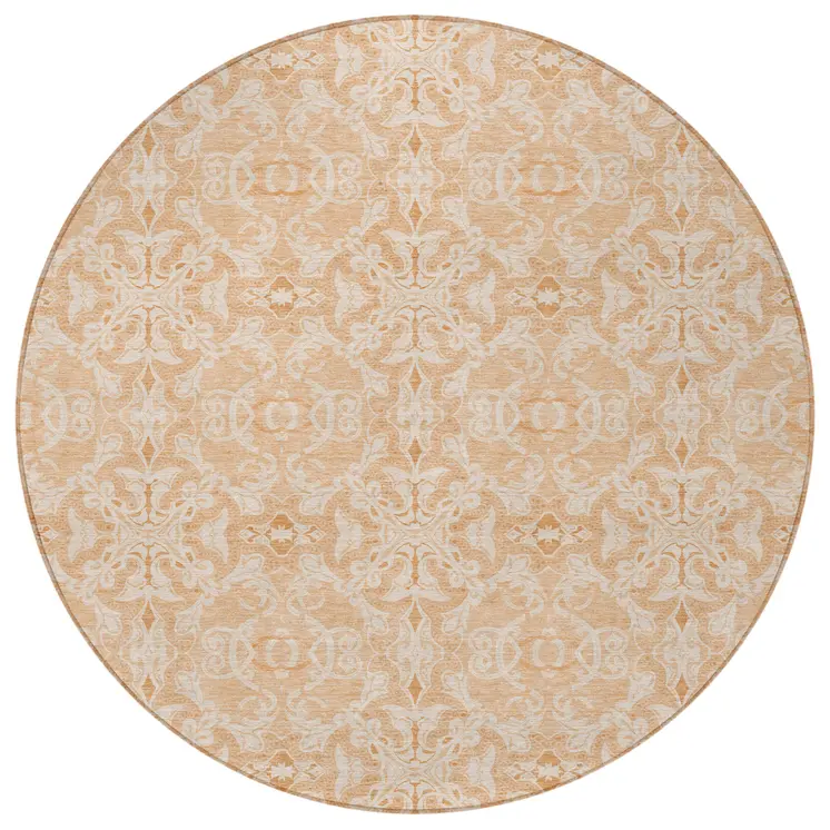 8' Salmon And Beige Round Medallion Washable Indoor Outdoor Area Rug