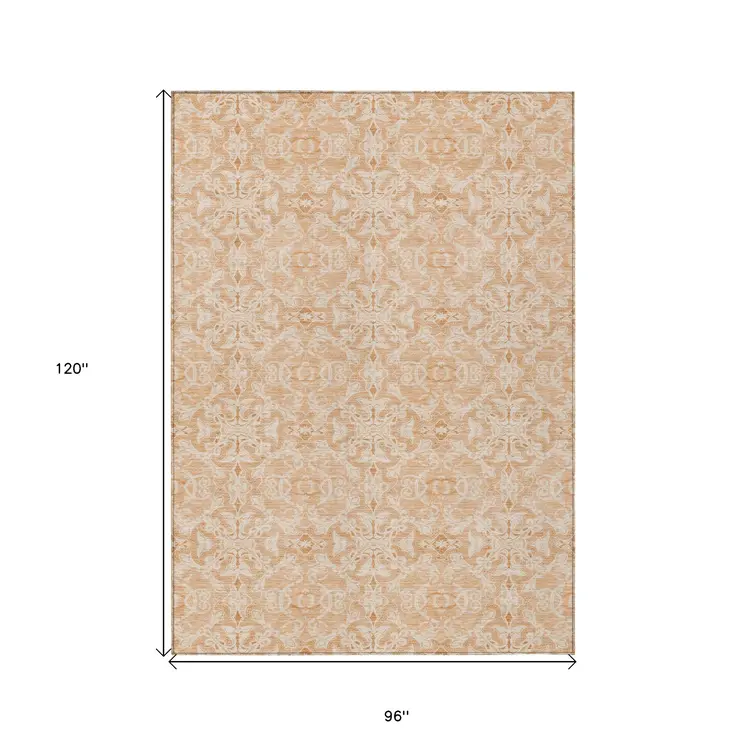 8' X 10' Salmon And Beige Medallion Washable Indoor Outdoor Area Rug