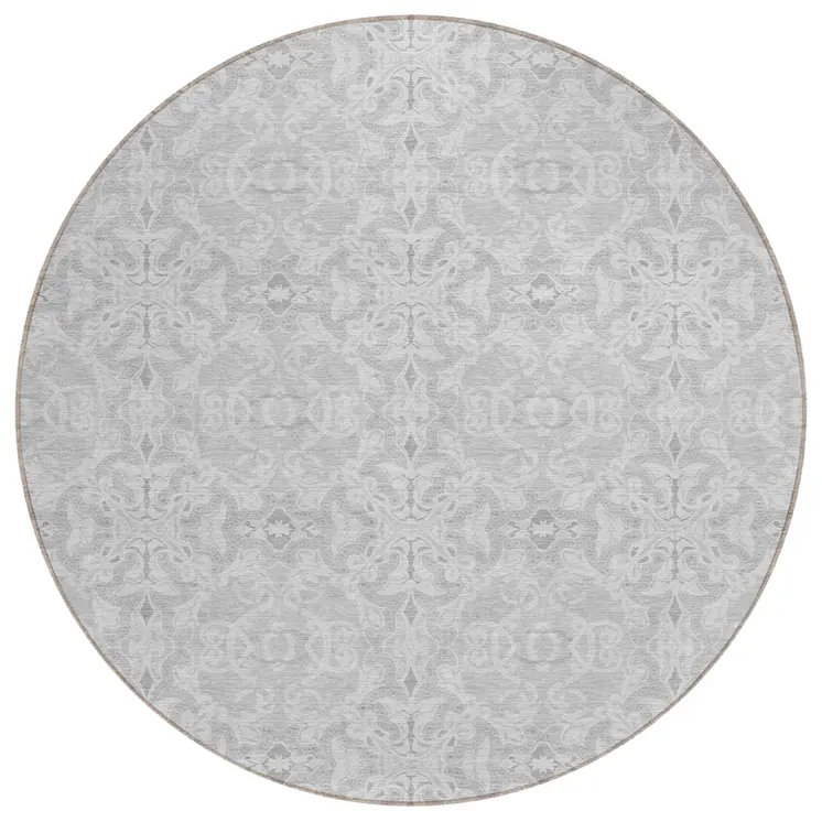 8' Silver And Gray Round Medallion Washable Indoor Outdoor Area Rug