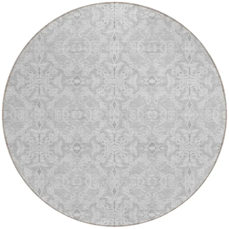 8' Silver And Gray Round Medallion Washable Indoor Outdoor Area Rug
