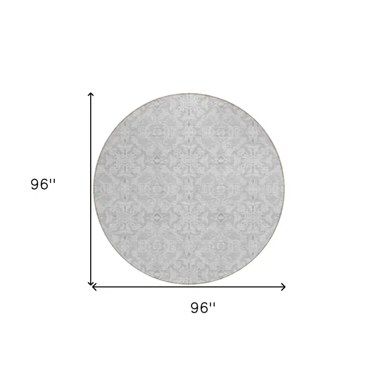 8' Silver And Gray Round Medallion Washable Indoor Outdoor Area Rug