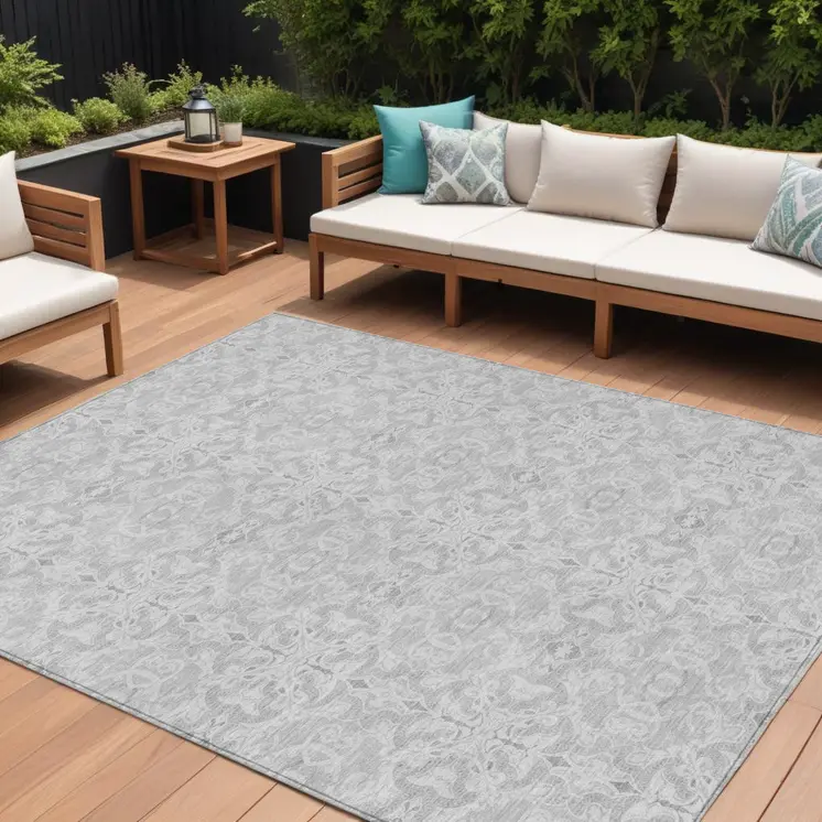 8' X 10' Silver And Gray Medallion Washable Indoor Outdoor Area Rug