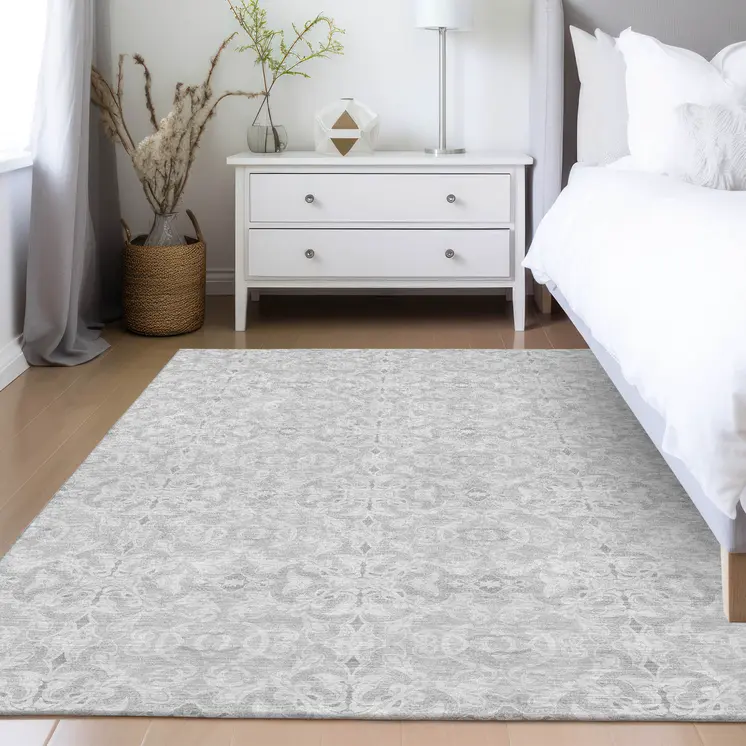 8' X 10' Silver And Gray Medallion Washable Indoor Outdoor Area Rug