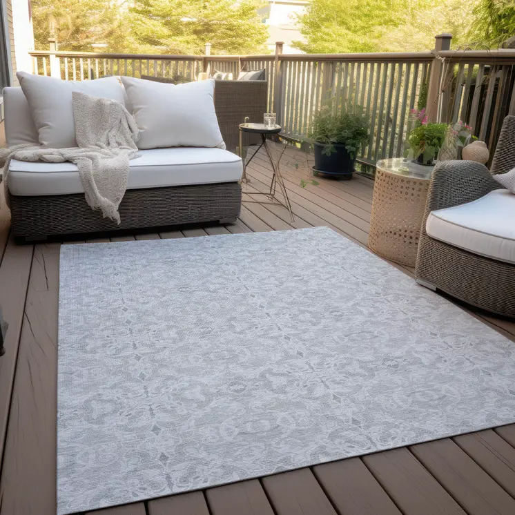 9' X 12' Silver And Gray Medallion Washable Indoor Outdoor Area Rug