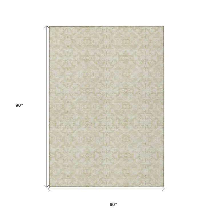 5' X 8' Tan And Beige Medallion Washable Indoor Outdoor Area Rug