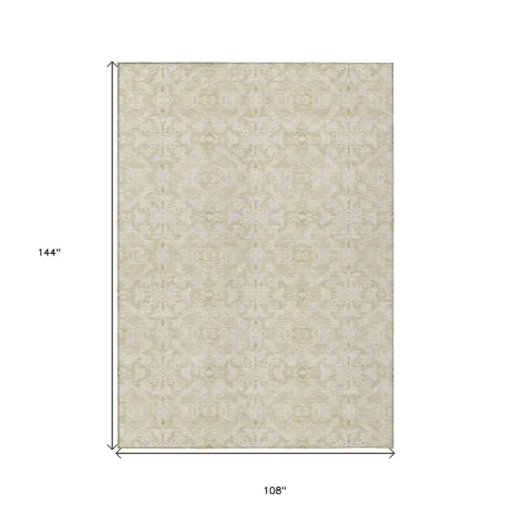 9' X 12' Tan And Beige Medallion Washable Indoor Outdoor Area Rug