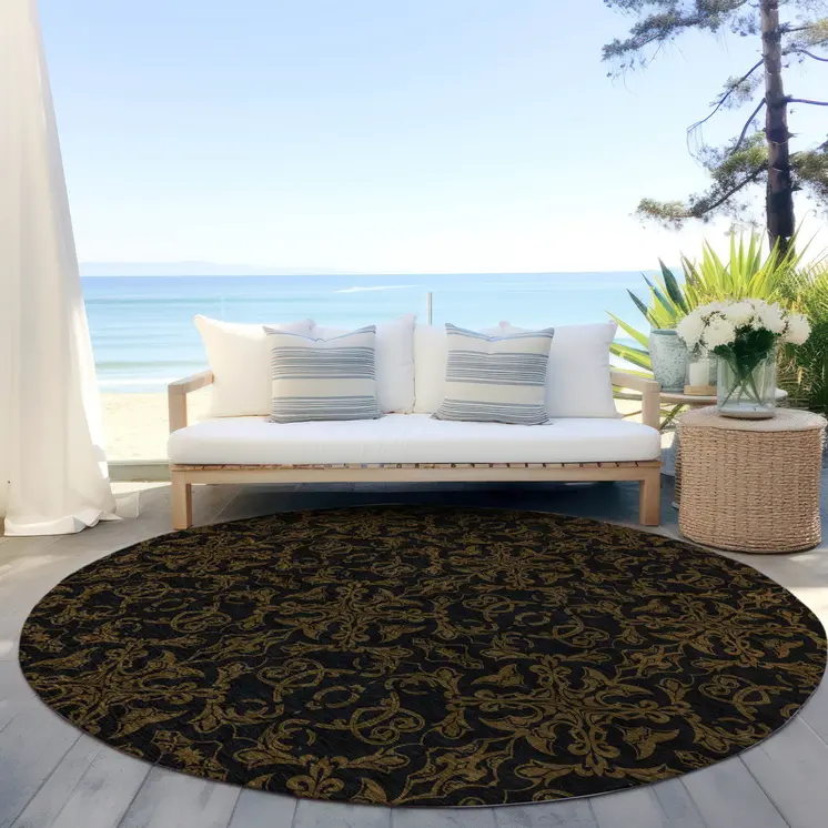 8' Brown And Black Round Medallion Washable Indoor Outdoor Area Rug