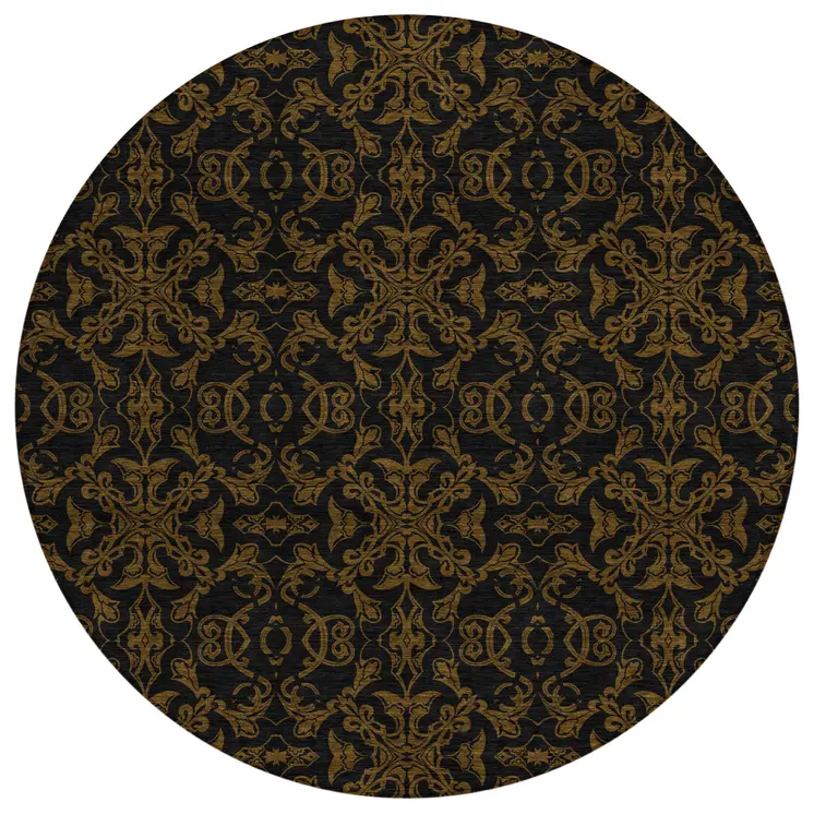 8' Brown And Black Round Medallion Washable Indoor Outdoor Area Rug