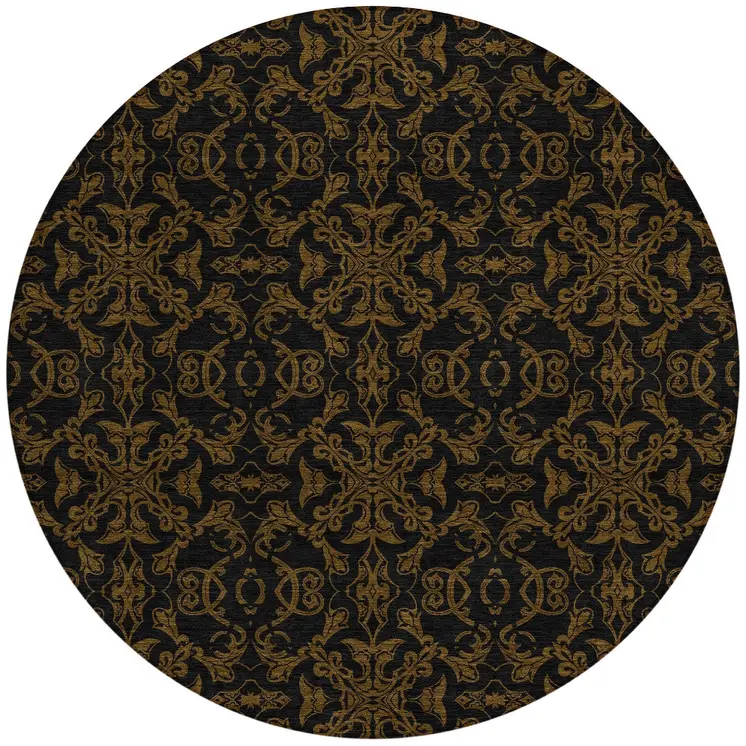 8' Brown And Black Round Medallion Washable Indoor Outdoor Area Rug