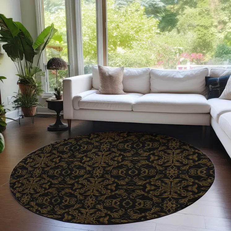 8' Brown And Black Round Medallion Washable Indoor Outdoor Area Rug