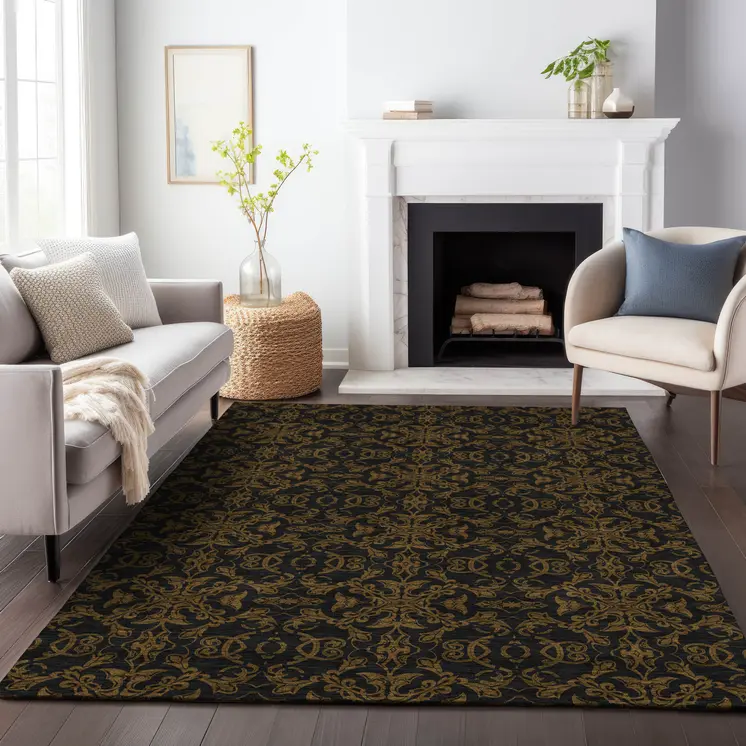 9' X 12' Brown And Black Medallion Washable Indoor Outdoor Area Rug