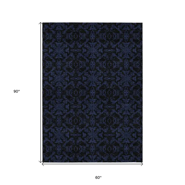 5' X 8' Blue And Navy Blue Medallion Washable Indoor Outdoor Area Rug
