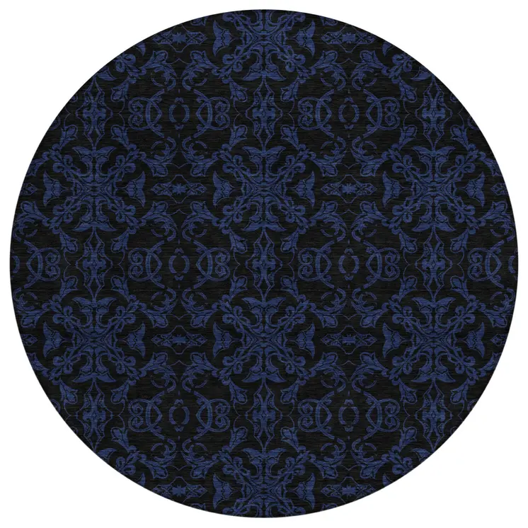 8' Blue And Navy Blue Round Medallion Washable Indoor Outdoor Area Rug