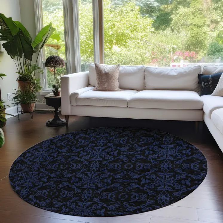 8' Blue And Navy Blue Round Medallion Washable Indoor Outdoor Area Rug
