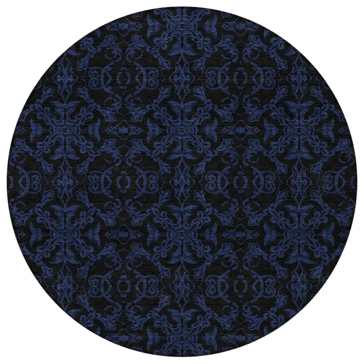 8' Blue And Navy Blue Round Medallion Washable Indoor Outdoor Area Rug