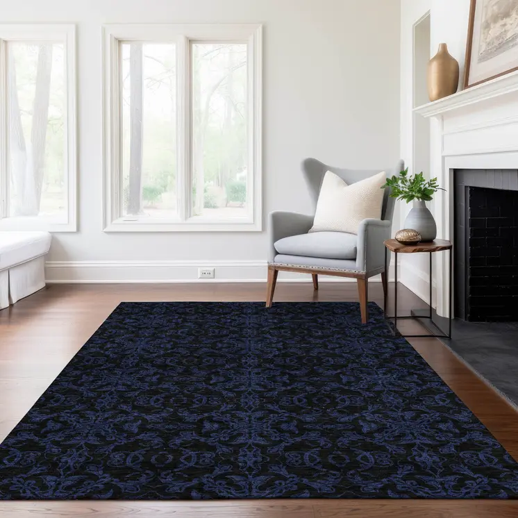 8' X 10' Blue And Navy Blue Medallion Washable Indoor Outdoor Area Rug