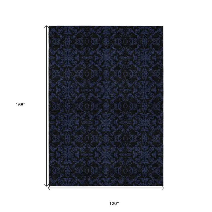 10' X 14' Blue And Navy Blue Medallion Washable Indoor Outdoor Area Rug