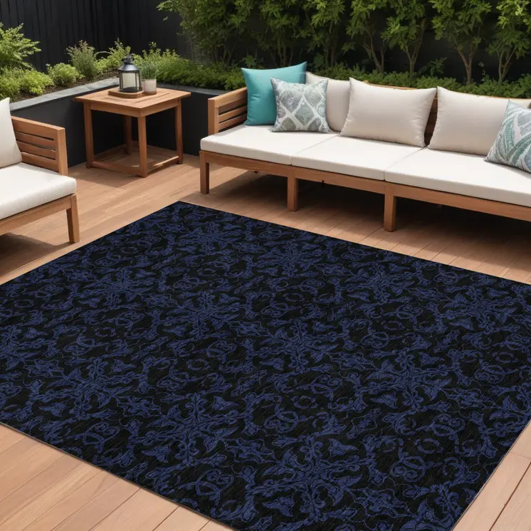 10' X 14' Blue And Navy Blue Medallion Washable Indoor Outdoor Area Rug