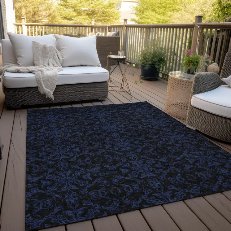 10' X 14' Blue And Navy Blue Medallion Washable Indoor Outdoor Area Rug