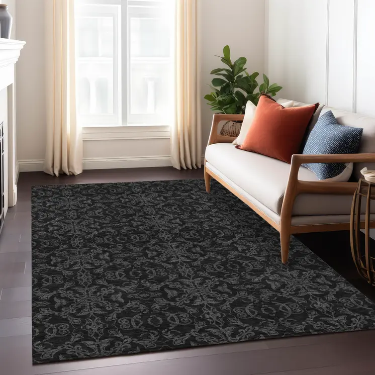 3' X 5' Gray And Charcoal Medallion Washable Indoor Outdoor Area Rug